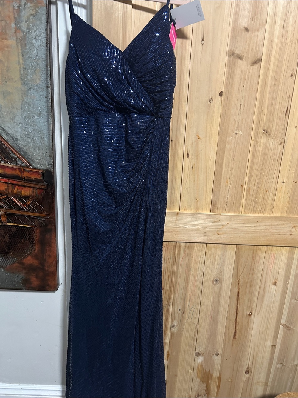 Sequin Navy Prom Gown with Draped Bodice